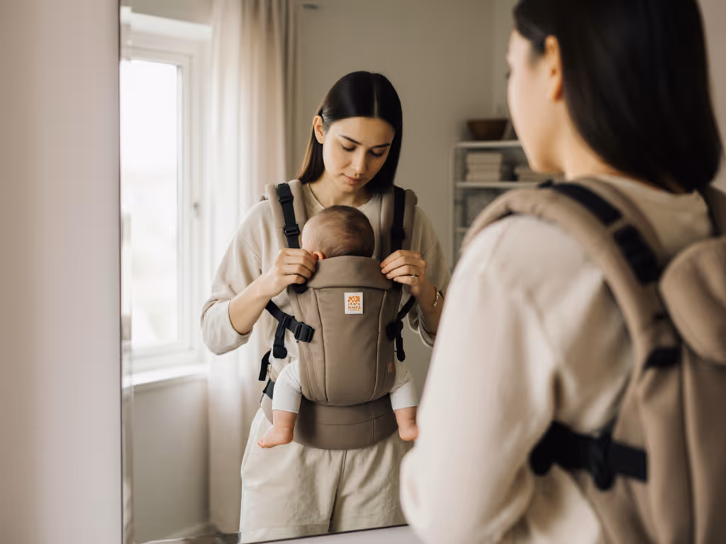 parent_adjusting_manduca_carrier_in_mirror