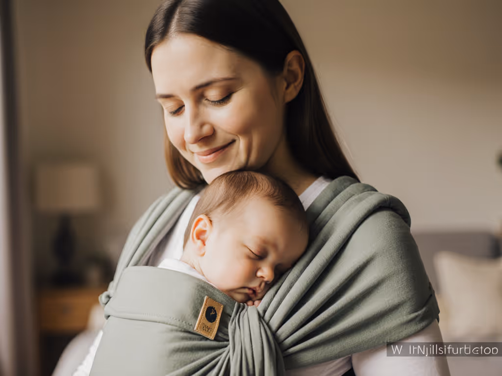 tired caregiver smiling with baby in wrap