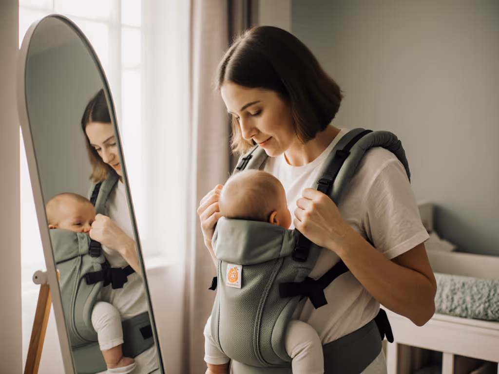 caregiver checking carrier fit with mirror