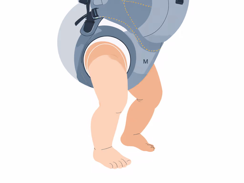 Proper hip positioning in baby carriers showing knee-to-knee support